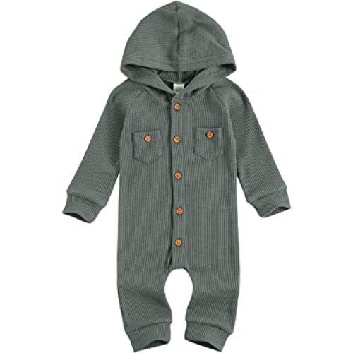 Ynibbim Winter Newborn Baby Boy Girl Solid Romper Unisex Infants Hooded Outfit Clothes Waffle Cotton Button Jumpsuits
