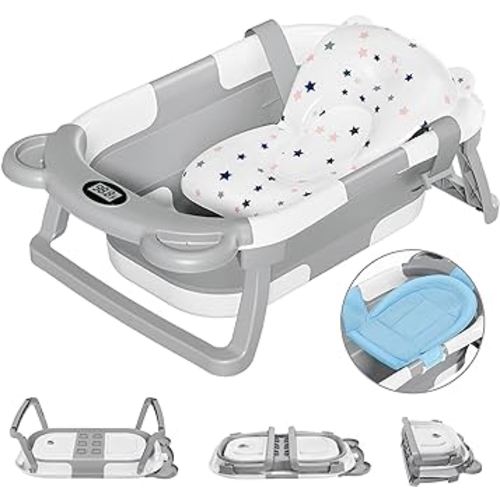 Collapsible Baby Bathtub for Newborn with Thermometer & 1 Soft Floating Cushion,Portable Travel Bathtub with Drain Hole, Durable Foldable Baby Tubs for Infants to Toddler