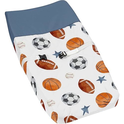 Sweet Jojo Designs Sports Theme Boy Baby Changing Pad Cover – Infant Newborn Diaper Table Change Mat Sheet - Watercolor Vintage Sport Themed Soccer Balls Football Baseball Basketball Blue Stars