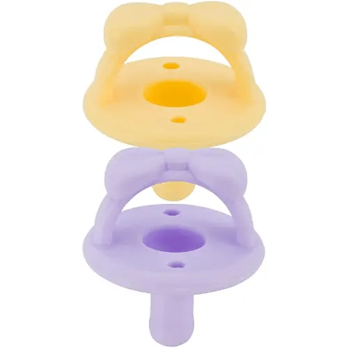 Itzy Ritzy Silicone Pacifiers for Newborn - Sweetie Soother Pacifiers Feature Collapsible Handle & Two Air Holes for Added Safety; for Ages Newborn and Up, Set of 2 in Daffodil & Purple Diamond