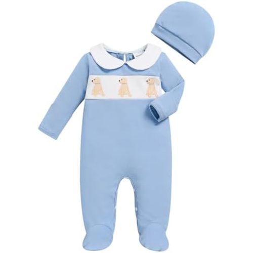 GRNSHTS Newborn Romper Coming Home Outfits Infant Girl Boy Cute Print Long Sleeve Bodysuit with Mitten, Matching Hat Jumpsuit