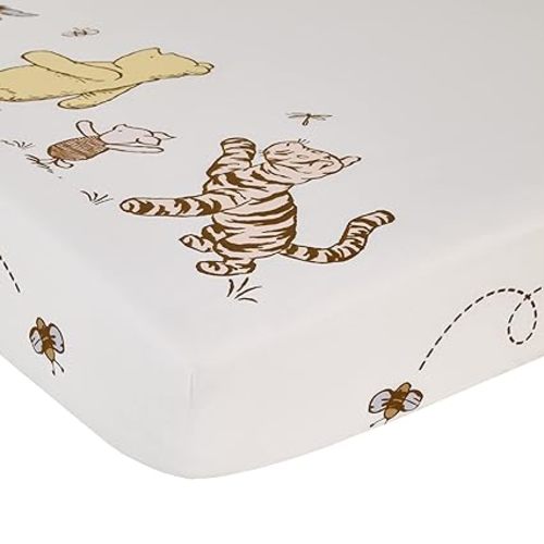 Disney Classic Pooh Hunny Fun with Piglet, Eeyore and Tigger White 100% Cotton Photo Op Nursery Fitted Crib Sheet