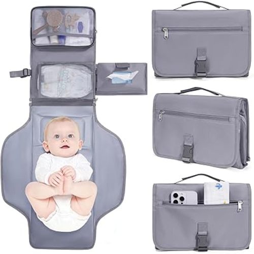 CEICEI Portable Diaper Changing Pad Waterproof Travel Baby Changing Mat with Large Wet/Dry Pocket & Elastic Wipes Pockets, Foldable Compact for On-The-Go Diaper Changer (Grey)