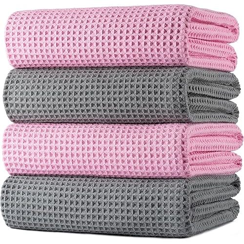 Microfiber Oversize Quick Dry Lint Free Bath Towel, 60 x 30 in, 4 Pack (Gray,Pink, Waffle Weave)