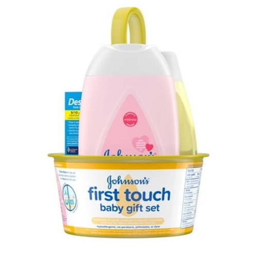 Johnson's First Touch Baby Gift Set, Baby Bath, Skin & Hair Essential Products, Kit for New Parents with Wash & Shampoo, Lotion, & Diaper Rash Cream, Hypoallergenic & Paraben-Free, 4 items C24