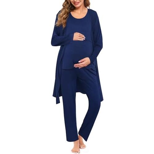 SWOMOG Maternity Nursing Robe Set 3 PCS Women Postpartum Pajamas Breastfeeding Labor Delivery Hospital Pregnancy Pjs