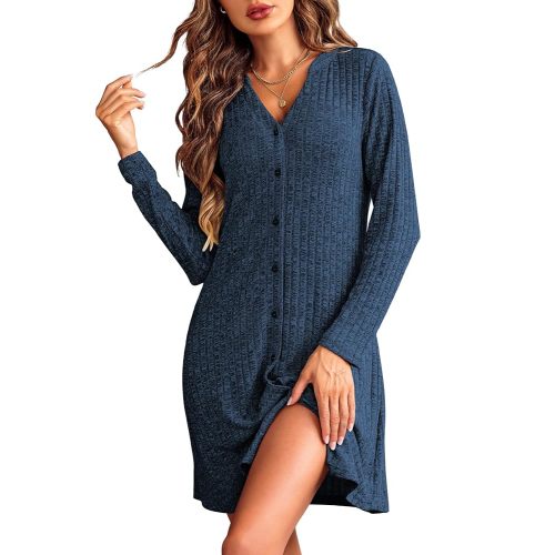 Ekouaer Nightgowns for Women Button Down Night Shirt Long Sleeve Ribbed Knit V-Neck Sleepwear Pajama Dress