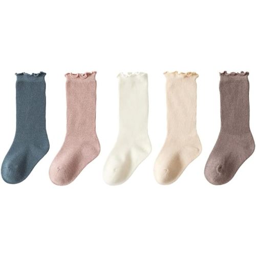 WATOCHE Baby Girls Socks Toddlers Ruffle Socks Girl's Frilly Dress Socks Baby Anti-slip Socks Cute Knee High Socks - 0-6 Months - Solid Ruffle-5 Pairs