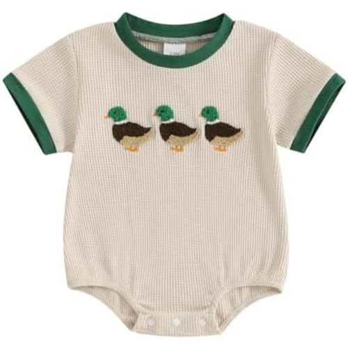 Newborn Baby Boy Summer Clothes Mallard Duck Embroidery Romper Short Sleeve Waffle Jumpsuit Bodysuit Outfit