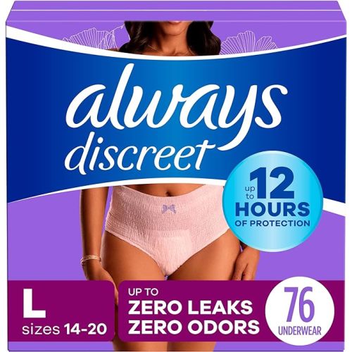 Always Discreet Adult Incontinence Underwear for Women and Postpartum Underwear, L, Up to 100%* Bladder Leak Protection, 76 CT, - Large