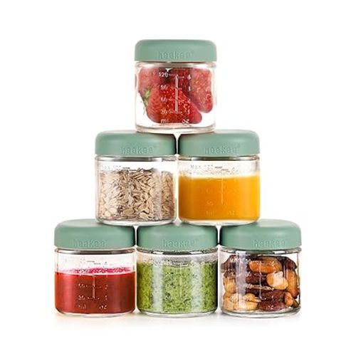 haakaa Glass Baby Food Jar with Silicone Lid – 6pc 6 x 4oz,Premium Lab-quality Borosilicate Glass, Plastic-free, Freezer, Microwave & Ovensafe.