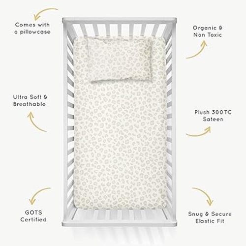 MakeMake Organics Organic Crib Sheet & Fitted Pillowcase (14"x19") Leopard Spots (28"x52", Wild)