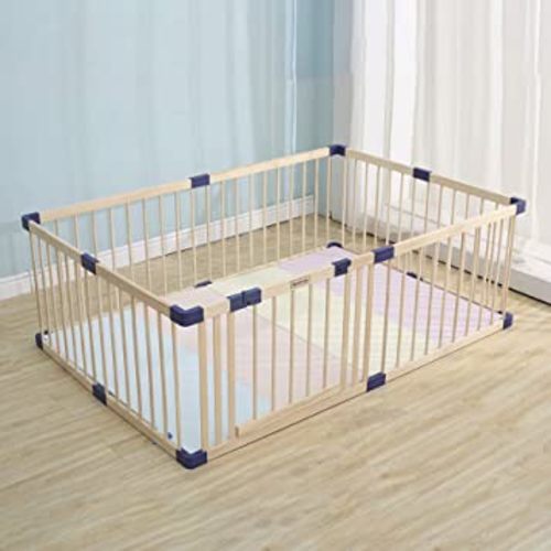 Kids Play Fence with Door,Wood Playpen Baby Safety Play Center Yard, Safe Play Area Indoor Kids Safety Activity Center Playard w/Locking Gate , Without Mat