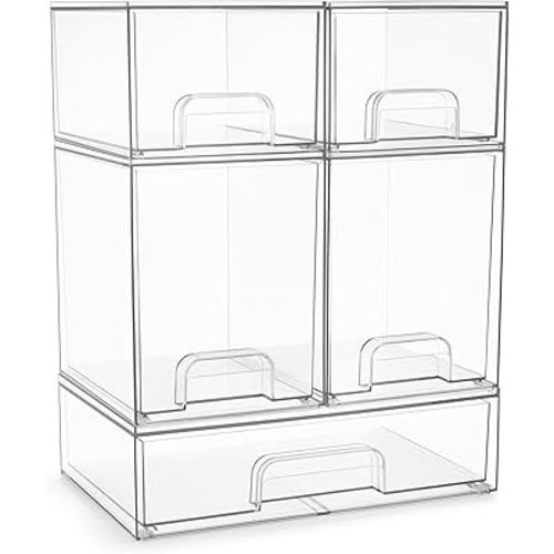 Sorbus Acrylic Storage Containers - 5 Pack, Stackable Storage Bins Set for Bathroom Organization - Clear Acrylic Drawer Organizers - Makeup Case Pull-Out Drawers (7.6’’ and 4.4’’ Tall and 12.1’’ Wide)