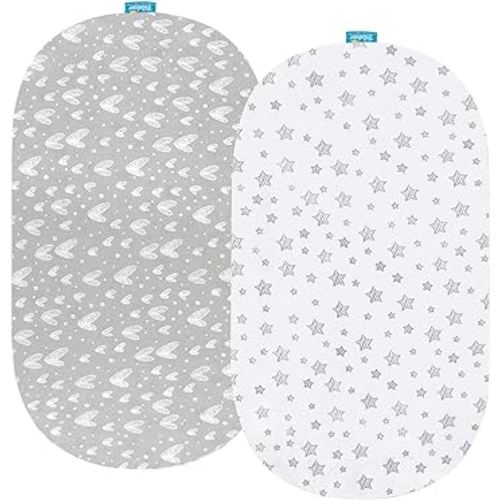 Bassinet Fitted Sheets Compatible with Delta Children Sweet Dreams Bassinet & Beberoad Love Baby Travel Bassinet, 2 Pack, 100% Jersey Knit Cotton for Baby Boy and Girl, Gray and White Print