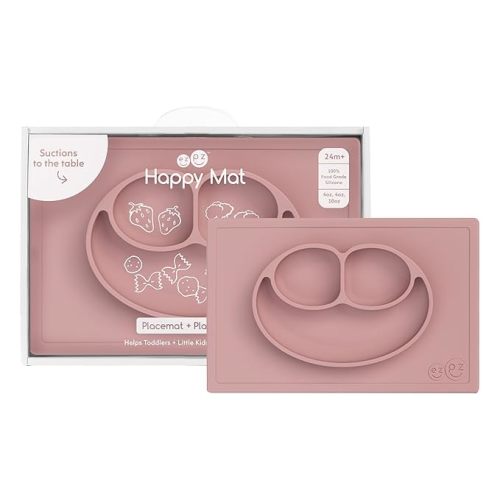 ezpz Happy Mat (Blush) - 24 Months+ - 100% Silicone Suction Placemat + Divided Plate with Three Compartments - Toddler + Preschool Essentials