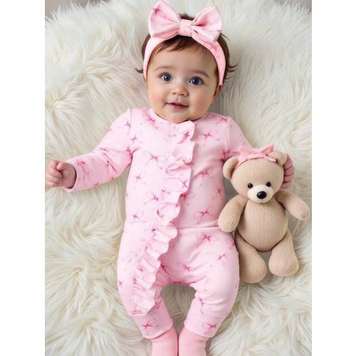 SHEIN Newborn Cute Bow Print Zipper Romper Photography Outfit Fall Winter for Sale Australia| New Collection Online| SHEIN Australia