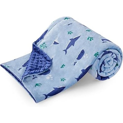 DaysU Silky Micro Soft Plush Baby Blankets for Boys with Print Animal Pattern and Soothing Raised Dots, Double Layer Bed Throws for Baby Crib, Shark Whale, Blue, 30x40 Inches