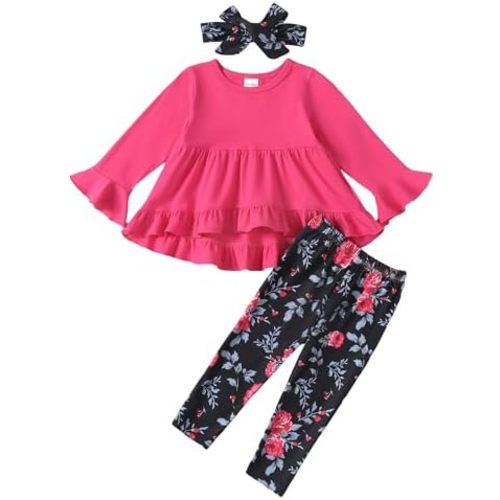 Kucnuzki Baby Girl Clothes Toddler Girl Outfit Ruffle Sleeve Shirt Floral Pant Set Fall Winter Clothing for Girl