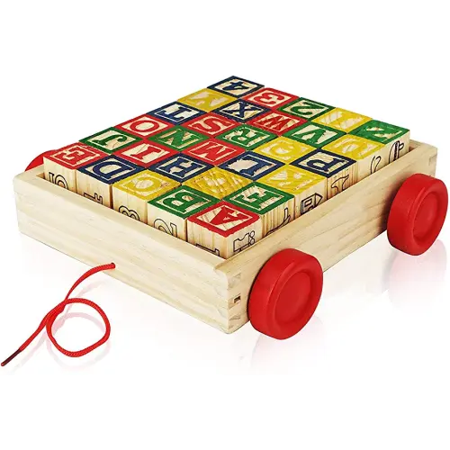 Number 1 In Service Wooden Alphabet Blocks, Best Wagon ABC Wooden Block Letters Come in a Pull Wagon for Easy Storage and Movement, Most Entertaining Wooden Toy for Toddlers, 30 Pieces Set.