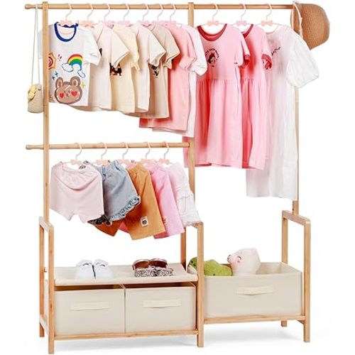 Bamboo Kids Clothing Rack with Triple Hanging Poles, Child Dress Up Rack, Small Organizer Garment Rack with 3 Storage Bins, for Costumes and Accessories (Natural color)