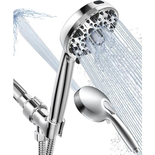 Shower Head With Handheld 7 Settings High Pressure, Built-in Power Wash to Clear Tub, Tile & Pets, 5" High Powerful Hand Held Rain Showerhead with Stainless Steel Hose and Adjustable Bracket