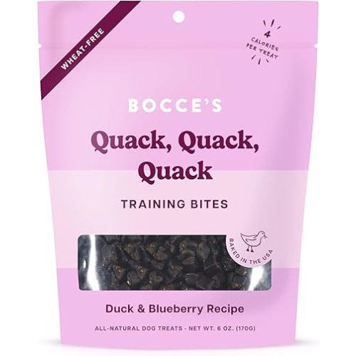 Bocce's Bakery Quack, Quack, Quack Training Treats for Dogs, Wheat-Free Dog Treats, Made with Real Ingredients, Baked in The USA, All-Natural & Low Calorie Training Bites, Duck & Blueberry, 6 oz