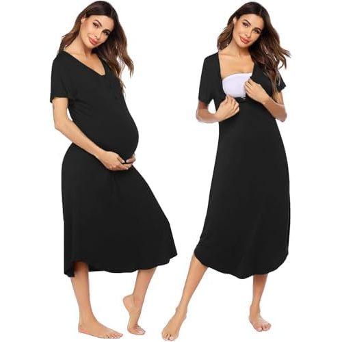 Ekouaer Womens Maternity Nightgown for Hospital Pregnancy Long Nightgowns Nursing Night Gown for Breastfeeding