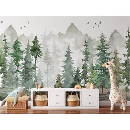 Pine Tree Forest Mural | Foggy Mountains Peel and Stick Wallpaper | Watercolor Woodland Self Adhesive Wallpaper (1 roll 24" W x 96" H)