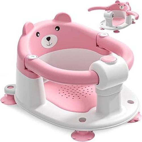 Baby Bath Seat for Babies 6 Months & up, Non-Slip Toddler Bath Seats for Babies Sitting Up, Safe Infant & Newborn Bathtub Chair with 4 Suction Cups & Soft Cushion for Shower,Pink