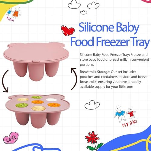 Silicone Freezer Tray and Baby Fruit Feeder Combo - Soothing Teething Relief and Food Storage Container for Babies (6 Months and Up) - Teether Toy (Pink)