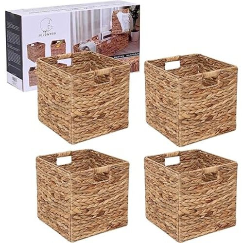 JCLD&YO9 Foldable Handwoven Water Hyacinth Storage Baskets Wicker Cube Baskets Rectangular Laundry Organizer Totes,Set of 4 Pcs,12x12x12inch