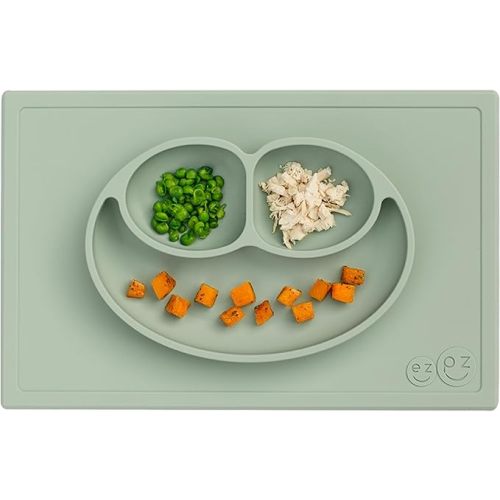 ezpz Happy Mat - 24 Months+ (Sage) - 100% Silicone Suction Plate with Built-in Placemat for Toddlers + Preschoolers - Divided Toddler Plates - Toddler Essentials