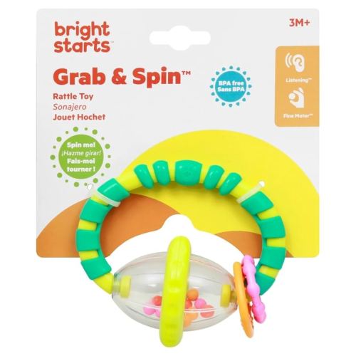 Bright Starts Grab & Spin Baby Rattle & BPA-Free Teether Toy, Ages 3 Months+ (Pack of 2)