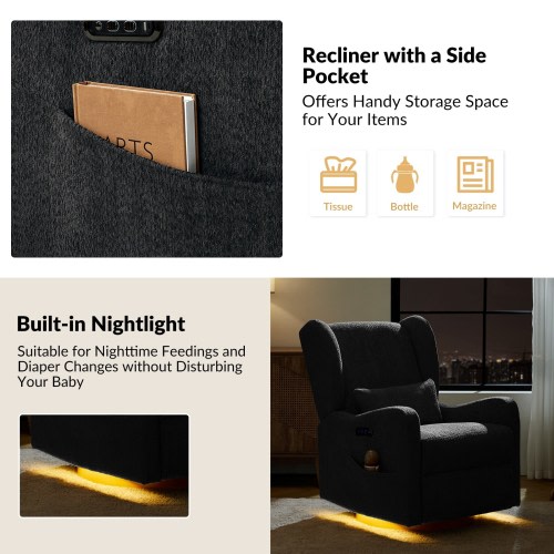 Remo Modern Nursery Swivel Glider Recliner with Built-in Nightlight and Storage Bags by HULALA HOME