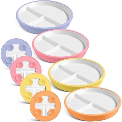 Domensi 4 Pcs 8" Porcelain Kids Plates with Anti-slip Silicone Sleeve White Divided Porcelain Plates with Suction for Toddler Microwave Dishwasher Friendly (Orange,Yellow,Pink,Purple)