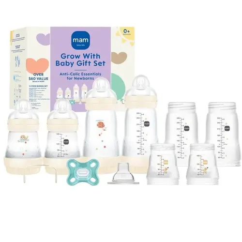 MAM Grow with Baby 15-Piece Gift Set, Newborn 0-4 Months, Anti-Colic Bottles and Silicone Nipples SkinSoft, Essential Baby Items, Unisex