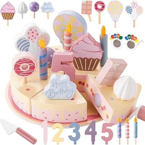 Birthday Party Cake Toys, Wooden Play Food Set for Kids Toddlers, Pretend Play Kitchen Toys for Boys Girls, Educational Toys