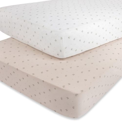Aurora Fitted Crib Sheet Set - 2 pk - 100% Jersey Knit Cotton - Ivory/Sage Floral Printed