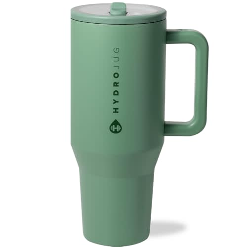 HydroJug Traveler - 40 oz Water Bottle with Handle & Flip Straw - Fits in Cup Holder, Leak Resistant Tumbler-Reusable Insulated Stainless Steel & Rubber Base - Gifts for Women & Men, Sage