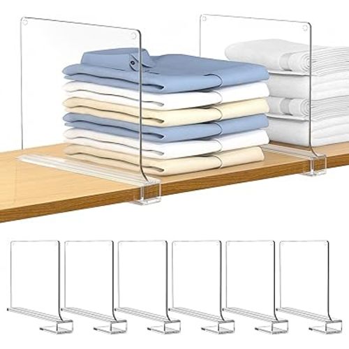 6 PCS Shelf Dividers for Closet Organization Acrylic Clear Closet Shelf Divider for Wooden Shelving Suitable for Wooden or Vertical Shelves Or Bedroom, Kitchen and Office