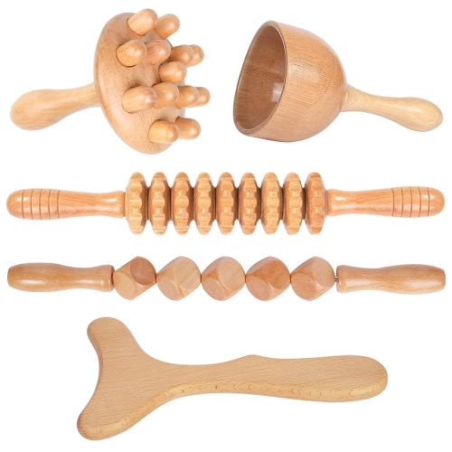 Wood Therapy Massage Tools 5-in-1 Lymphatic Drainage Massager Maderoterapia Kit Wooden Massager Body Sculpting Tools for Muscle Pain Relief, Anti-Cellulite, Body Contouring and Shaping