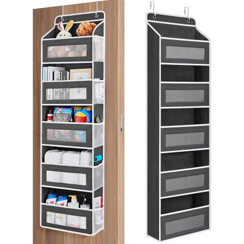 Over The Door Organizer Storage, 5 Shelf Hanging Door Organizer with 5 Large Capacity Pockets, Anti Tilt 44 lb Load Behind Door Storage for Bedroom, Bathroom, Pantry, Nursery, (Grey)