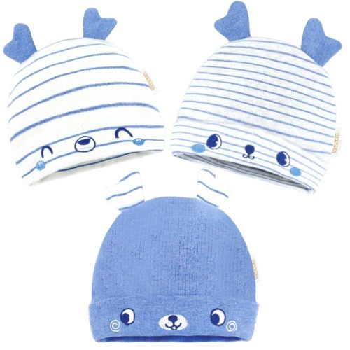 DOKMA 3 Pieces Newborn Baby Hat Animal Ears Infant Caps Baby Boy Girl Toddler Hats Beanie Caps, Blue, 0-3 Months