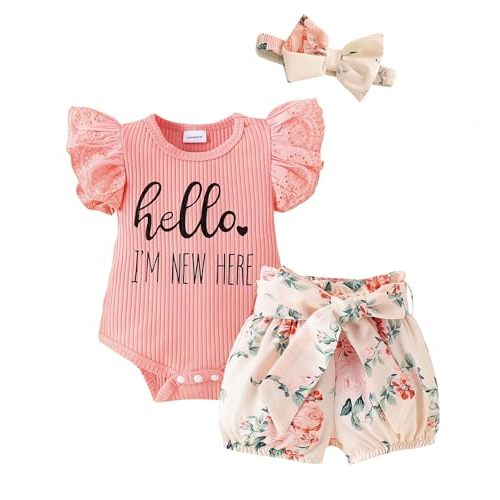 Baby Girl Summer Clothes I’m New Here Newborn Going Home Outfit Ruffle Ribbed Romper Tops Floral Shorts Set + Headband