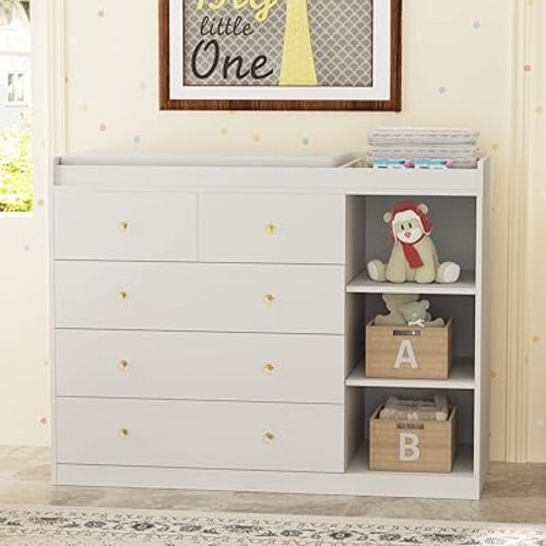 Baby Dresser Changing Table with 5 Drawers Waterproof Diaper Changing Station with 3 Storage Shelves Nursery Organizer for Infant and Newborn White (47.2" W x 19.6" D x 36.2" H)