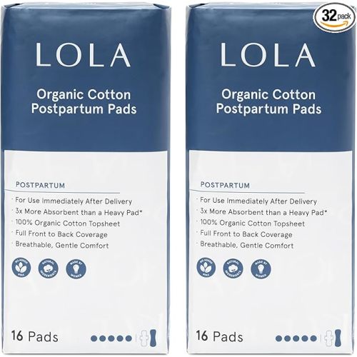 LOLA Organic Cotton Postpartum Pads - Max Absorbency Pads for Postpartum Bleeding - Extra-Long Overnight Liners for Women - Hospital Bag Essentials - 32 Count, Unscented