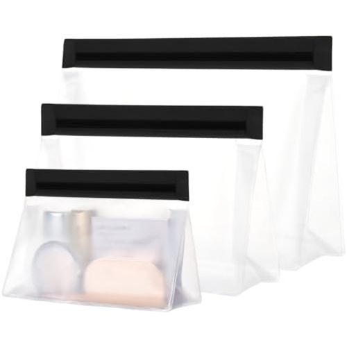 PACKISM Leak Proof Clear Travel Pouch - Sealed TSA Approved Toiletry Bag, BPA-free Reusable, Semi-Transparent Clear Cosmetic Bag with Flat Bottom, Great Travel accessories, 1L+1M+1S, Black