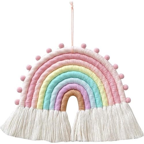 Large Macrame Rainbow Wall Hanging Decor Handmade Pom Pom Garland Rainbow Decor for Kids Room Girls Bedroom Baby Shower Nursery Decorations