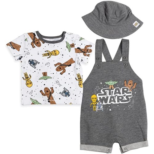 STAR WARS Chewbacca R2-D2 Yoda Baby French Terry Short Overalls T-Shirt and Hat 3 Piece Outfit Set Newborn to Infant - 3-6 Months - Grey
